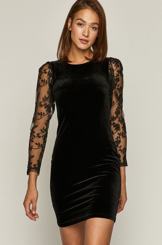 czarny Sukienka damska z transparentnymi rękawami czarna Damski