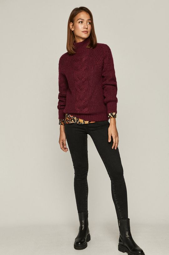 Sweter damski z warkoczowym splotem fioletowy ciemny fioletowy