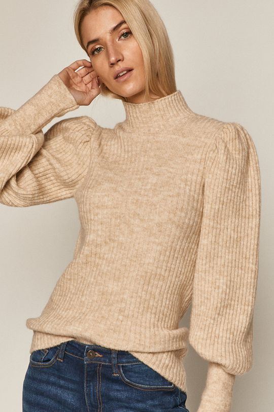 piaskowy Sweter damski z bufiastymi rękawami beżowy