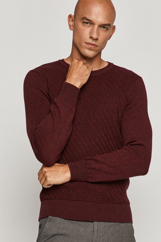kasztanowy Bawełniany sweter męski z ozdobnym splotem bordowy Męski