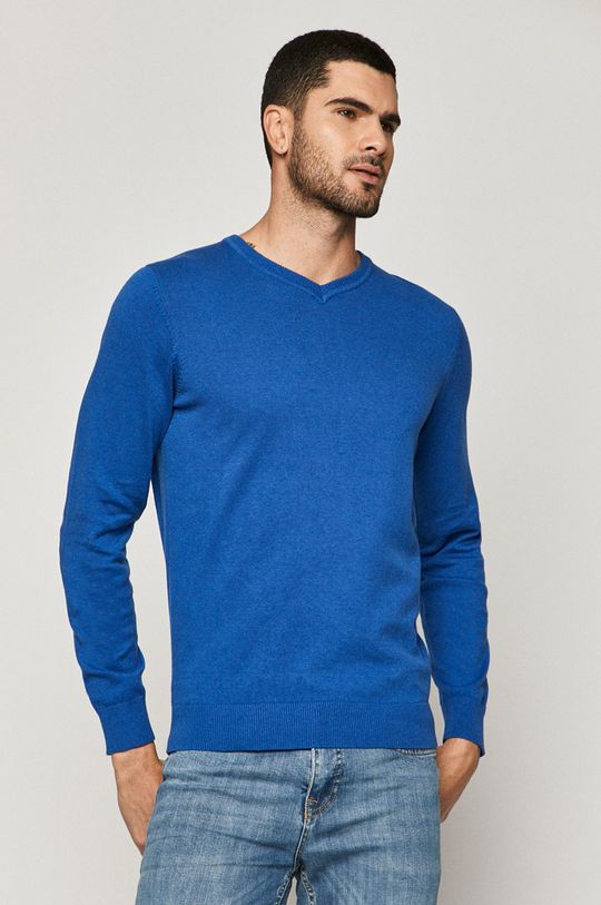 niebieski Sweter męski bawełniany z dekoltem V niebieski Męski