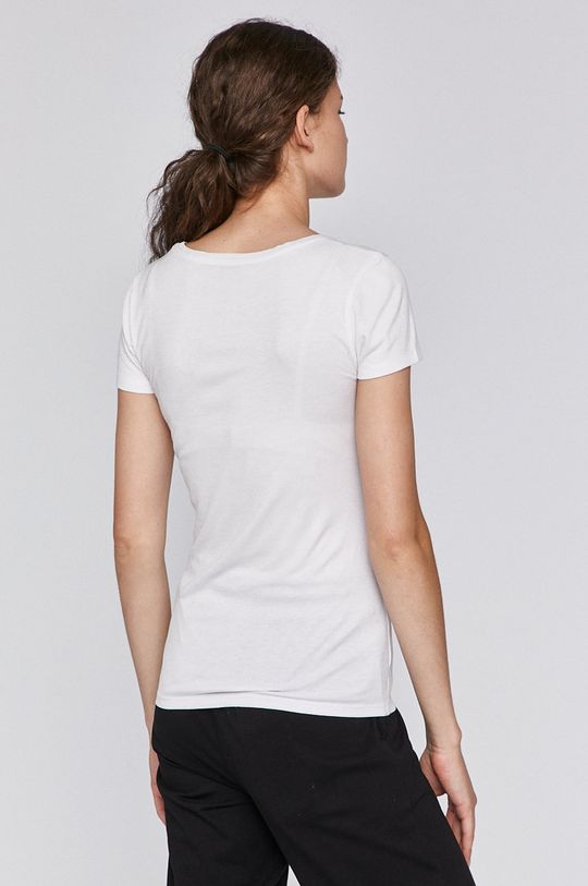 T-shirt damski ze spiczastym dekoltem biały <p>T-shirt biały/ czarny/ czerwony/ beżowy: 97% Wiskoza, 3% Elastan 
T-shirt szary: 63% Poliester, 34% Bawełna, 3% Elastan</p>