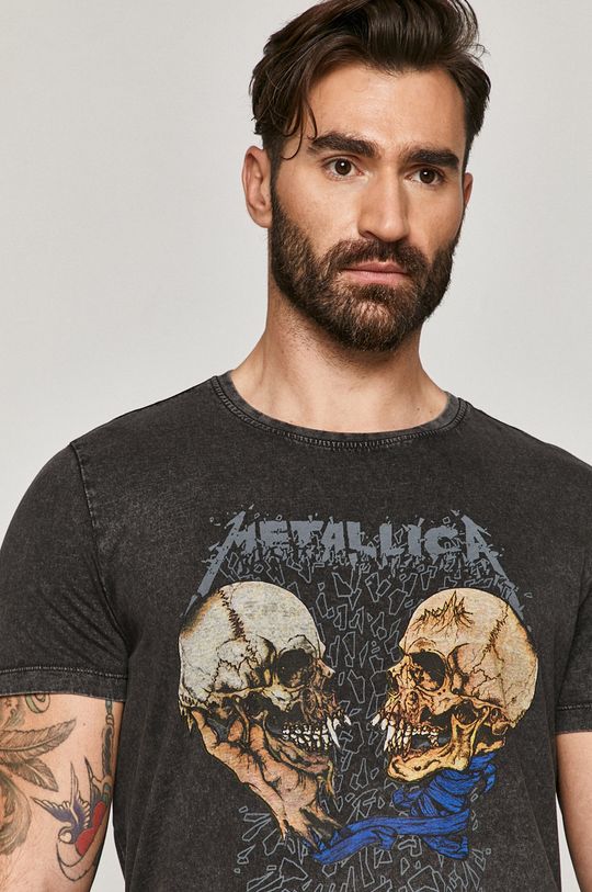 szary T-shirt męski Metallica z nadrukiem czarny