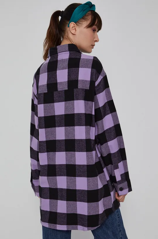 Bawełniana kurtka koszulowa damska z tkaniny w kratę fioletowa 100 % Bawełna