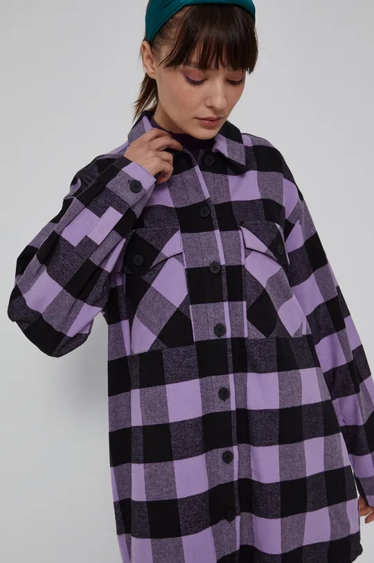 fioletowy Bawełniana kurtka koszulowa damska z tkaniny w kratę fioletowa