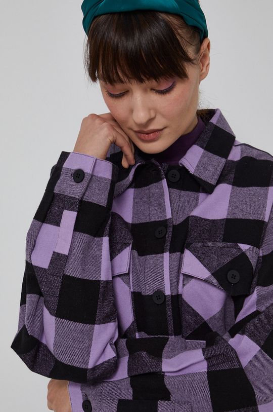 Bawełniana kurtka koszulowa damska z tkaniny w kratę fioletowa Damski