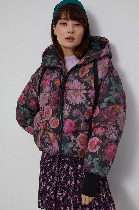 multicolor Kurtka puffer damska w kwiatowy wzór