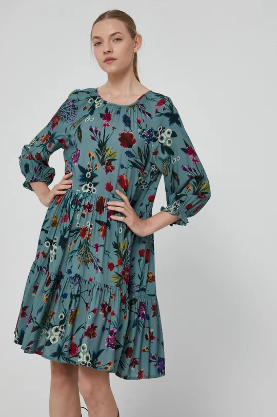 turkusowy Sukienka damska z falbanką w kwiatowy wzór turkusowa
