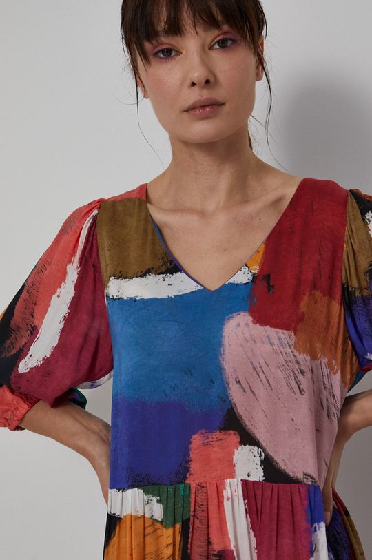 multicolor Wzorzysta sukienka damska w kształcie litery A z marszczeniami