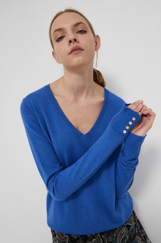fioletowy Sweter z gładkiej dzianiny damski niebieski Damski