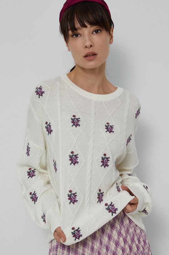 kremowy Sweter damski z haftem kremowy