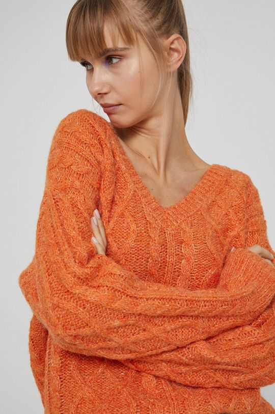mandarynkowy Sweter z gładkiej dzianiny damski pomarańczowy