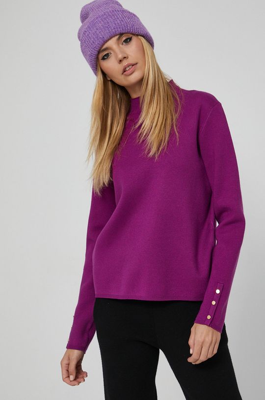 purpurowy Sweter z gładkiej dzianiny damski fioletowy