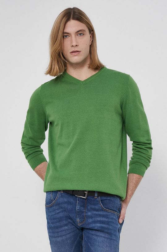 żółto - zielony Sweter bawełniany męski gładki zielony Męski