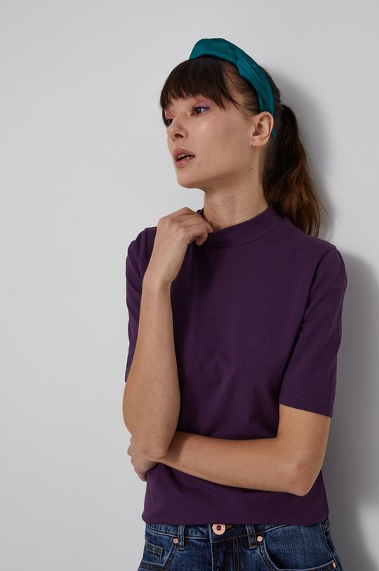 fioletowy T-shirt damski z golfem z bawełny organicznej fioletowy