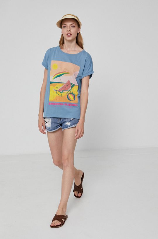 T-shirt bawełniany damski by Ewelina Gąska, Summer Posters turkusowy jasny turkusowy