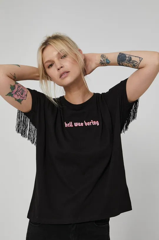 T-shirt damski z bawełny organicznej z frędzlami czarny czarny
