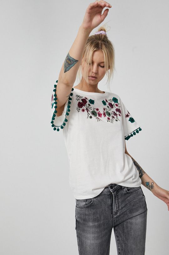 T-shirt damski z bawełny organicznej kremowy Damski