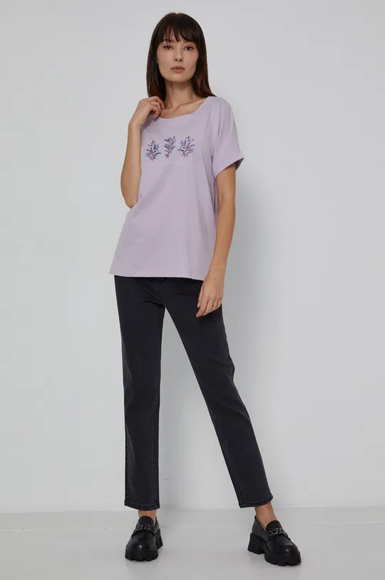 T-shirt damski z bawełny organicznej fioletowy fioletowy