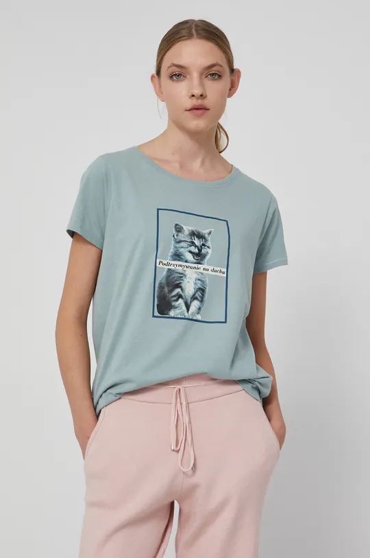 blady turkusowy T-shirt bawełniany damski turkusowy z kolekcji Możliwości - Fundacja Wisławy Szymborskiej