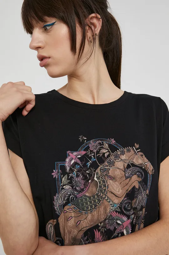 T-shirt damski bawełniany z nadrukiem czarny 100 % Bawełna organiczna