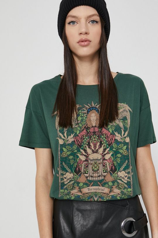 T-shirt bawełniany damski z nadrukiem zielony <p>100 % Bawełna</p>