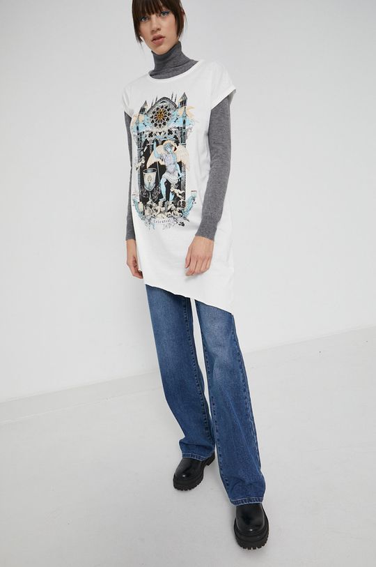 T-shirt bawełniany damski z nadrukiem kremowy kremowy