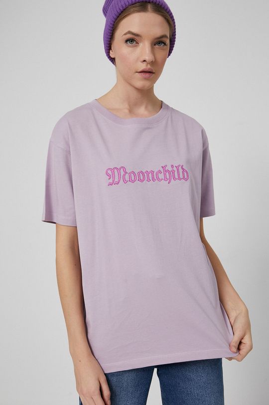 T-shirt bawełniany damski z nadrukiem różowy lawendowy