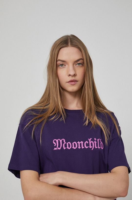 winogronowy T-shirt bawełniany damski z nadrukiem fioletowy