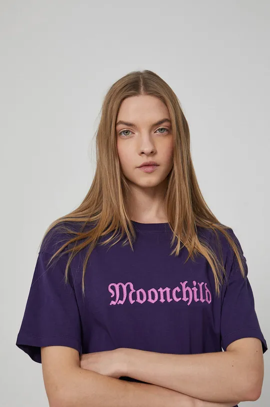 fioletowy T-shirt bawełniany damski z nadrukiem fioletowy