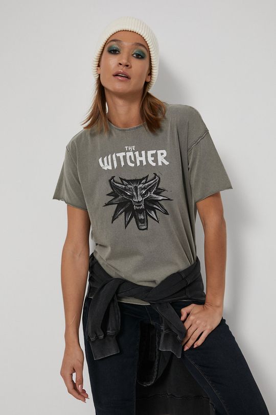 T-shirt bawełniany damski z kolekcji The Witcher zielony militarny
