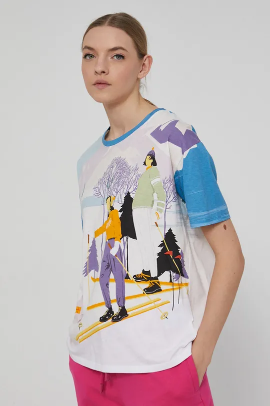 multicolor T-shirt bawełniany z motywem zimowym Damski