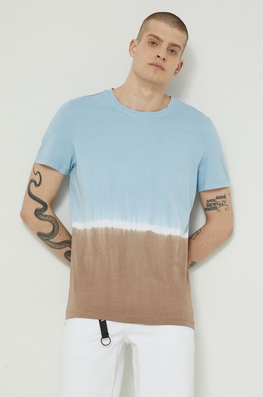 morski T-shirt bawełniany męski wzorzysty turkusowy Męski