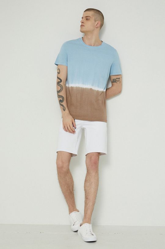 T-shirt bawełniany męski wzorzysty turkusowy morski