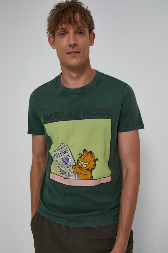 T-shirt bawełniany męski Garfield zielony ciemny zielony