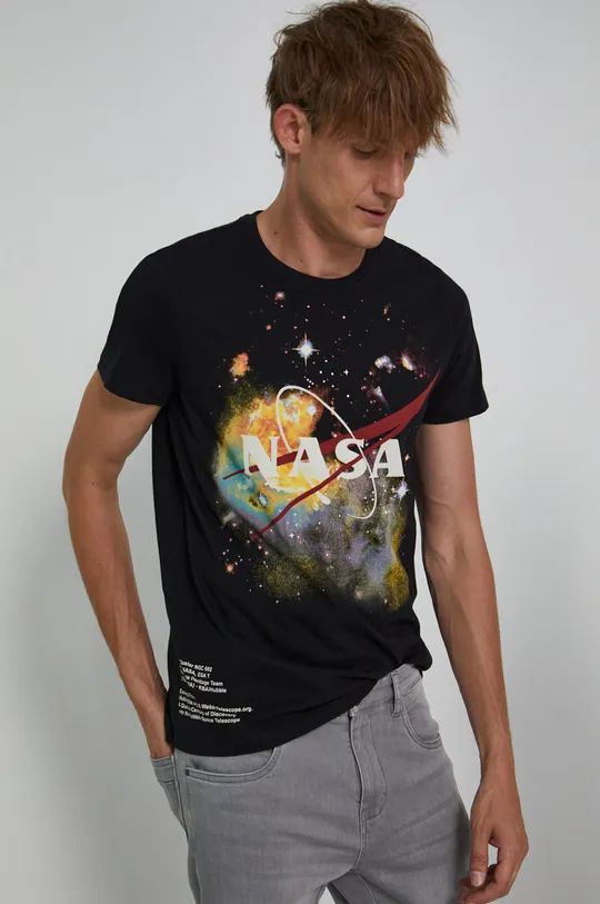 T-shirt bawełniany męski z nadrukiem Nasa czarny czarny