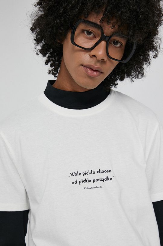 T-shirt bawełniany męski kremowy z kolekcji Możliwości - Fundacja Wisławy Szymborskiej