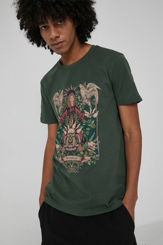 militarny T-shirt z bawełny organicznej męski z nadrukiem zielony Męski
