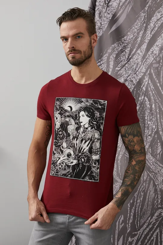 mahoniowy T-shirt bawełniany męski z kolekcji The Witcher bordowy Męski