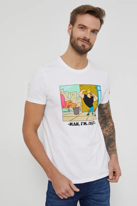 T-shirt bawełniany męski z nadrukiem Johny Bravo biały biały