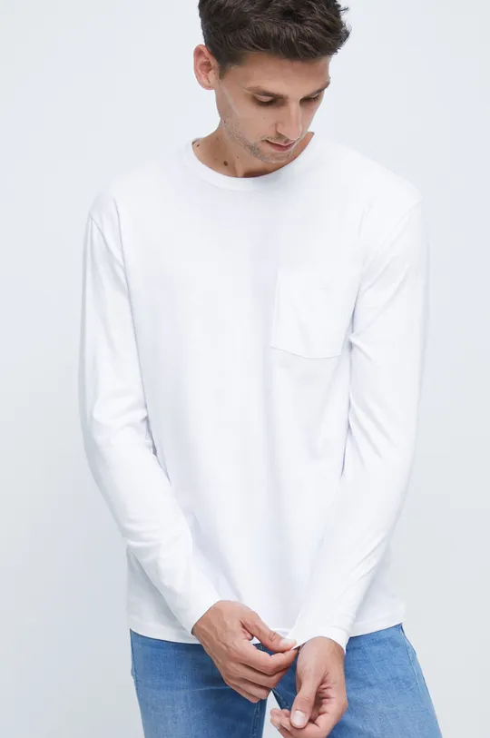biela Pánske bavlnené tričko s dlhým rukávom