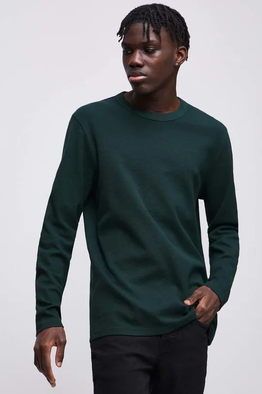zelená Bavlnené tričko s dlhým rukávom pánske z hladkej látky zelená farba Pánsky
