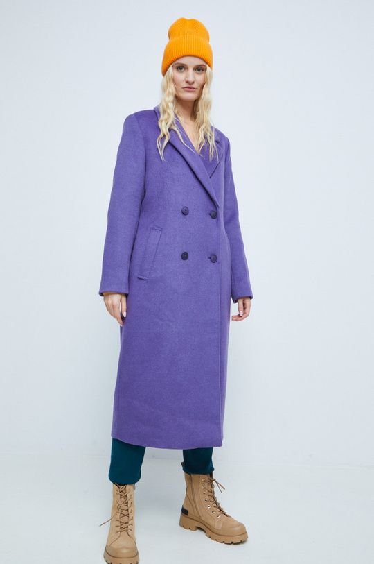 Płaszcz z domieszką wełny damski gładki kolor fioletowy fioletowy