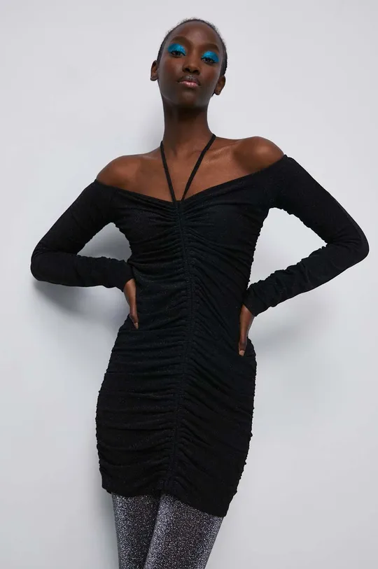 czarny Sukienka damska z ozdobnymi marszczeniami kolor czarny