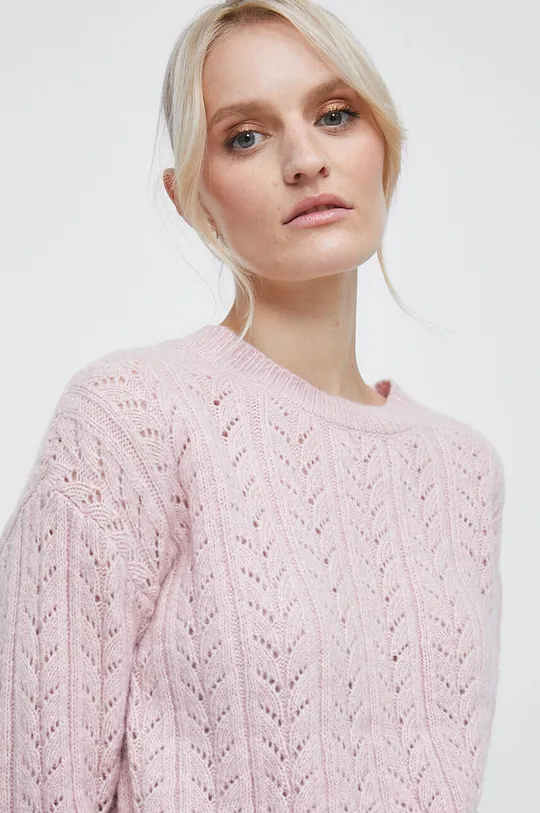 Sweter z domieszką wełny damski gładki różowy Damski