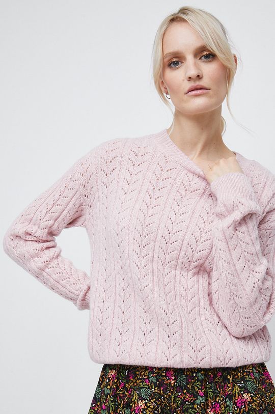 pastelowy różowy Sweter z domieszką wełny damski gładki różowy Damski