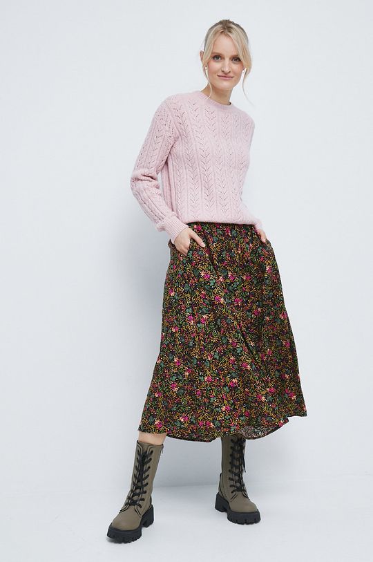 Sweter z domieszką wełny damski gładki różowy pastelowy różowy