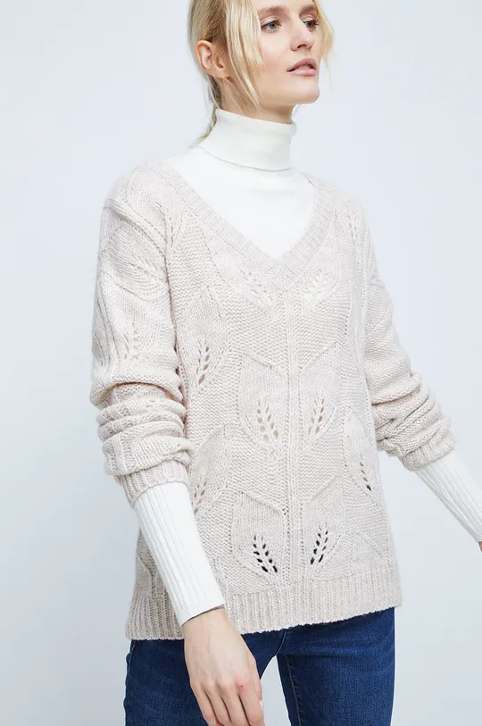 Sweter damski z efektownym splotem kolor beżowy beżowy