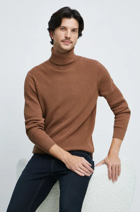 brązowy Sweter bawełniany męski z golfem kolor brązowy Męski
