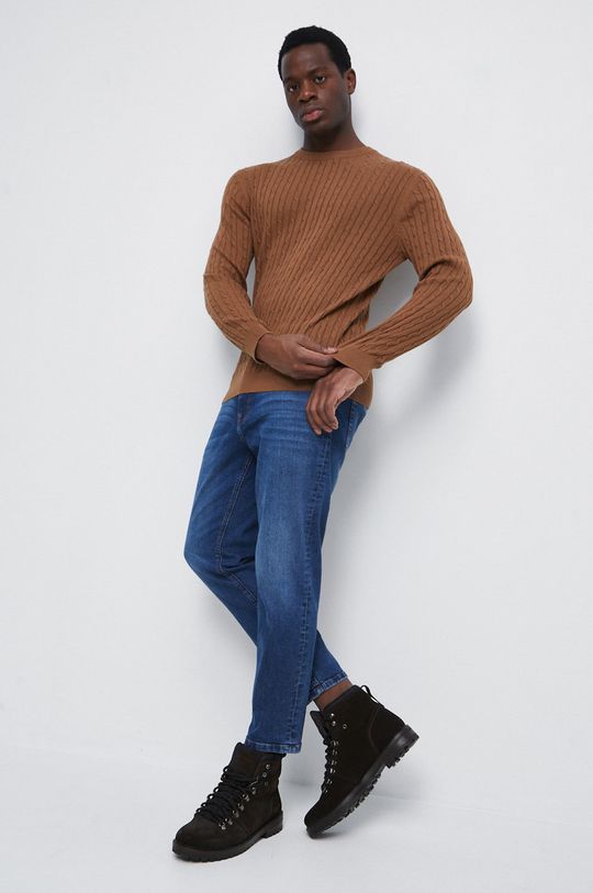 kawowy Sweter bawełniany męski z fakturą kolor brązowy